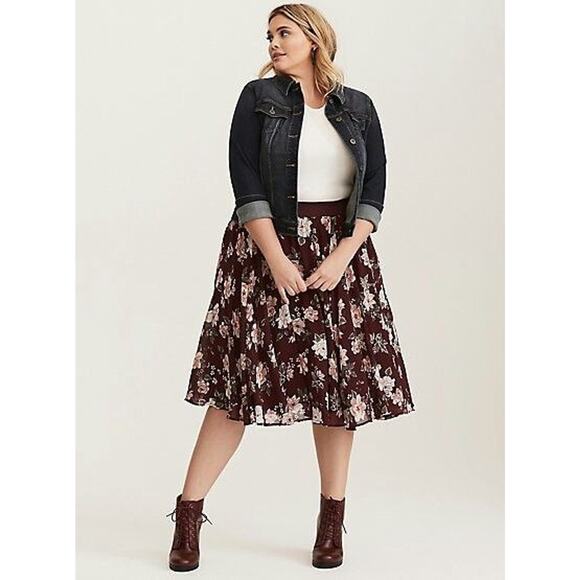 Torrid Floral Midi Chiffon Tulle Lined Skirt Burgundy Pull On Plus Size 2 2X - Picture 1 of 11